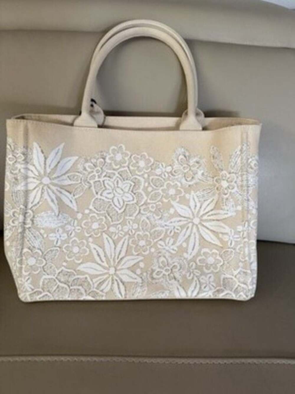 Neiman Marcus Oscar De La Renta Floral Coated Canvas Natural Tote Bag